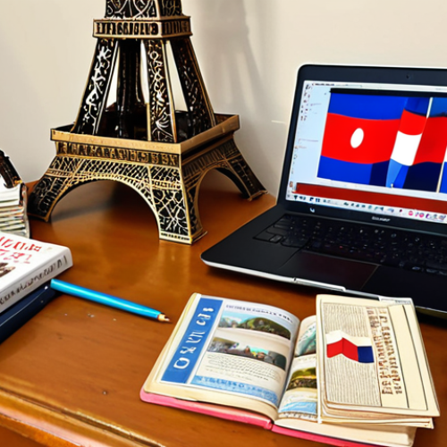 Home 12 **
A young, enthusiastic translator sits at a desk overflowing with books and language learning materials (dictionaries, phrasebooks). They are surrounded by travel souvenirs – a miniature Eiffel Tower, postcards from Paris, a French flag. A laptop displays a complex translation project. The overall mood is bright, aspirational, and a bit overwhelmed. Focus on the cultural richness and challenge of mastering the French language.
**