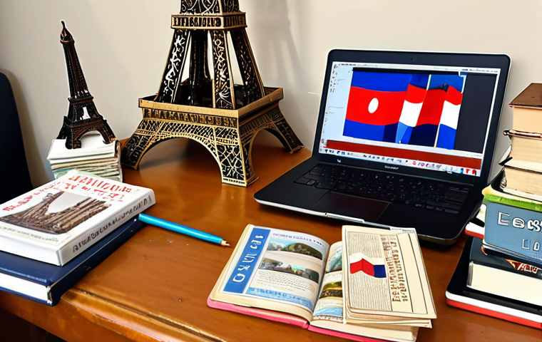 **
A young, enthusiastic translator sits at a desk overflowing with books and language learning materials (dictionaries, phrasebooks). They are surrounded by travel souvenirs – a miniature Eiffel Tower, postcards from Paris, a French flag. A laptop displays a complex translation project. The overall mood is bright, aspirational, and a bit overwhelmed. Focus on the cultural richness and challenge of mastering the French language.
**