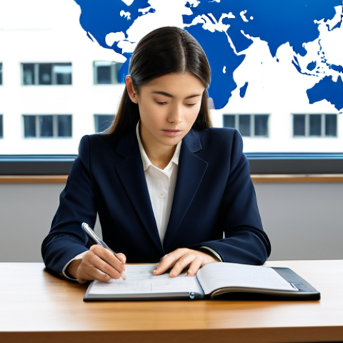 Home 11 A thoughtful professional female linguist, fully clothed in a modest business blazer and smart trousers, seated at a sleek, minimalist desk. Her expression reflects deep concentration and cultural empathy as she reviews a document, with diverse cultural symbols subtly integrated into the background, such as a tastefully stylized world map or small, appropriate cultural artifacts. Her well-formed hands are naturally placed on the desk beside a tablet displaying text, showcasing proper finger count. The setting is a brightly lit, contemporary office space with large windows, offering a soft, professional backdrop. Perfect anatomy, correct proportions, natural pose, professional photography, high resolution, soft studio lighting, ultra-realistic, highly detailed, safe for work, appropriate content, fully clothed, professional dress.