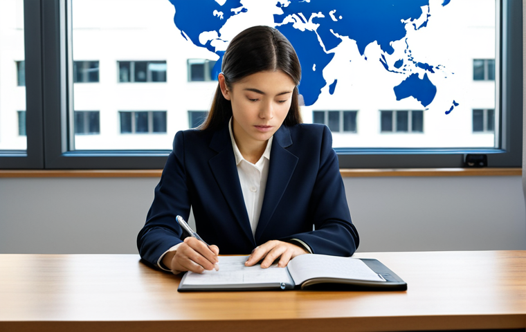A thoughtful professional female linguist, fully clothed in a modest business blazer and smart trousers, seated at a sleek, minimalist desk. Her expression reflects deep concentration and cultural empathy as she reviews a document, with diverse cultural symbols subtly integrated into the background, such as a tastefully stylized world map or small, appropriate cultural artifacts. Her well-formed hands are naturally placed on the desk beside a tablet displaying text, showcasing proper finger count. The setting is a brightly lit, contemporary office space with large windows, offering a soft, professional backdrop. Perfect anatomy, correct proportions, natural pose, professional photography, high resolution, soft studio lighting, ultra-realistic, highly detailed, safe for work, appropriate content, fully clothed, professional dress.