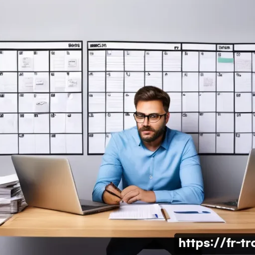 번역사가 피해야 할 클라이언트 유형 - A frustrated professional translator sitting at a modern office desk cluttered with multiple screens...