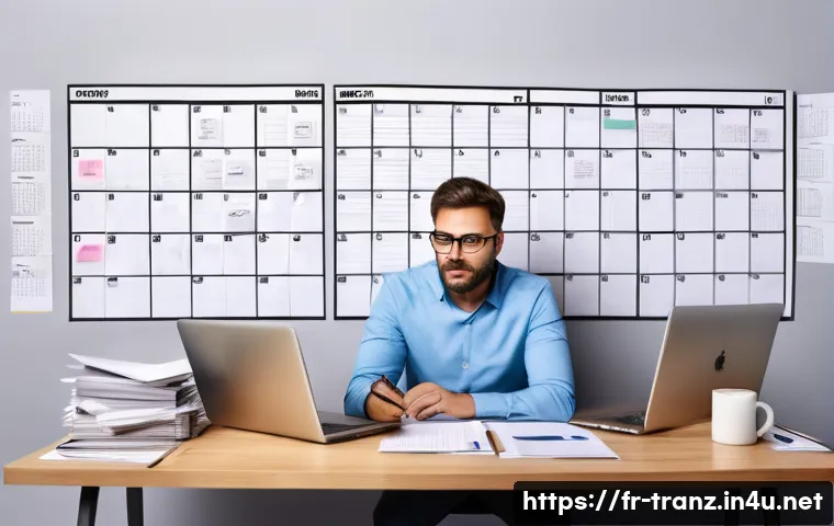 번역사가 피해야 할 클라이언트 유형 - A frustrated professional translator sitting at a modern office desk cluttered with multiple screens...