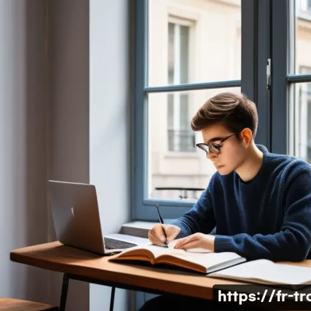 번역사 자격증 시험 후기 모음 - A focused French student in a cozy Parisian apartment, studying translation exam materials with a la...