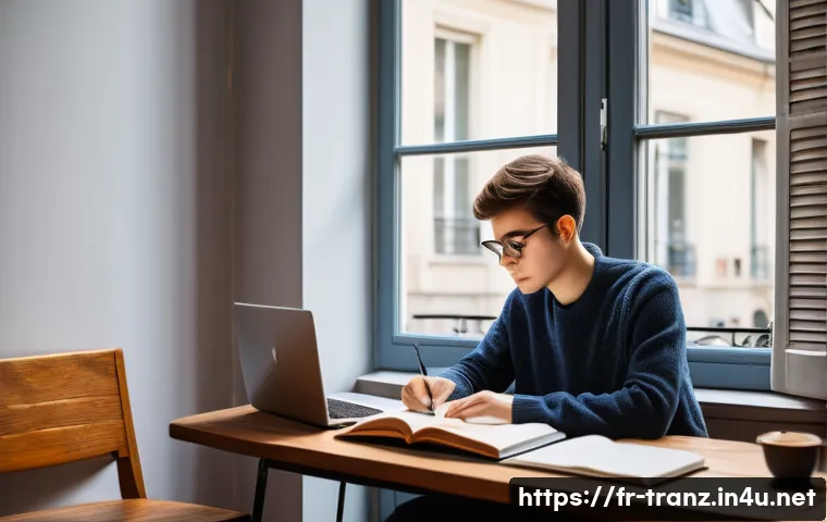 번역사 자격증 시험 후기 모음 - A focused French student in a cozy Parisian apartment, studying translation exam materials with a la...