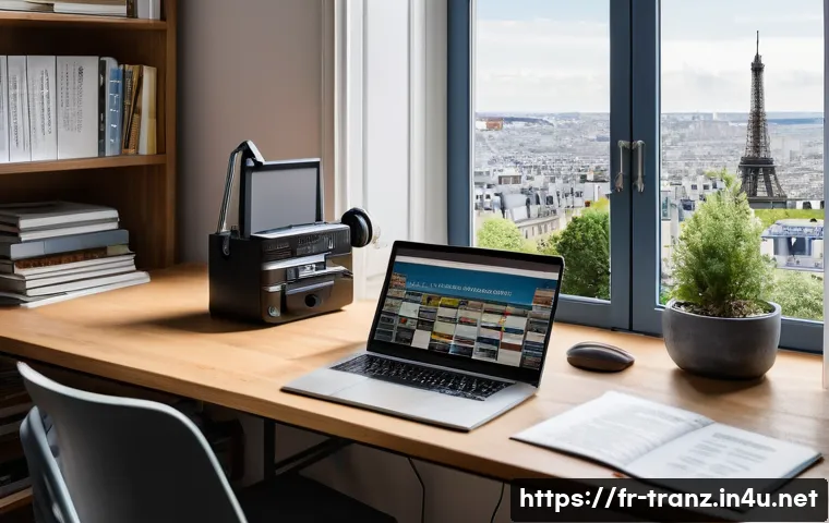 번역사의 지속적인 자기 개발 방법 - A modern home office scene showing a professional French translator deeply focused on their work. Th...
