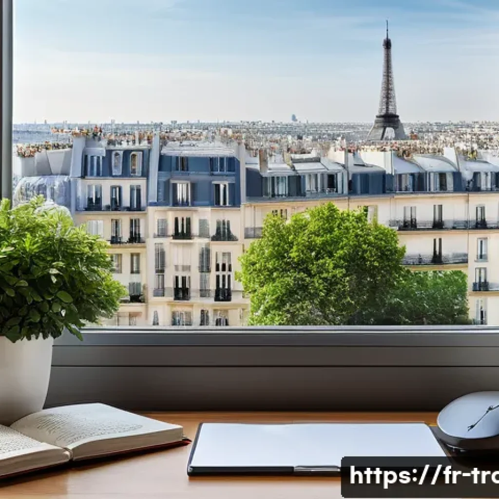 번역사 취업 포트폴리오 작성법 - A professional translator&rsquo;s minimalist home office setup in Paris, featuring a sleek desk with a hig...