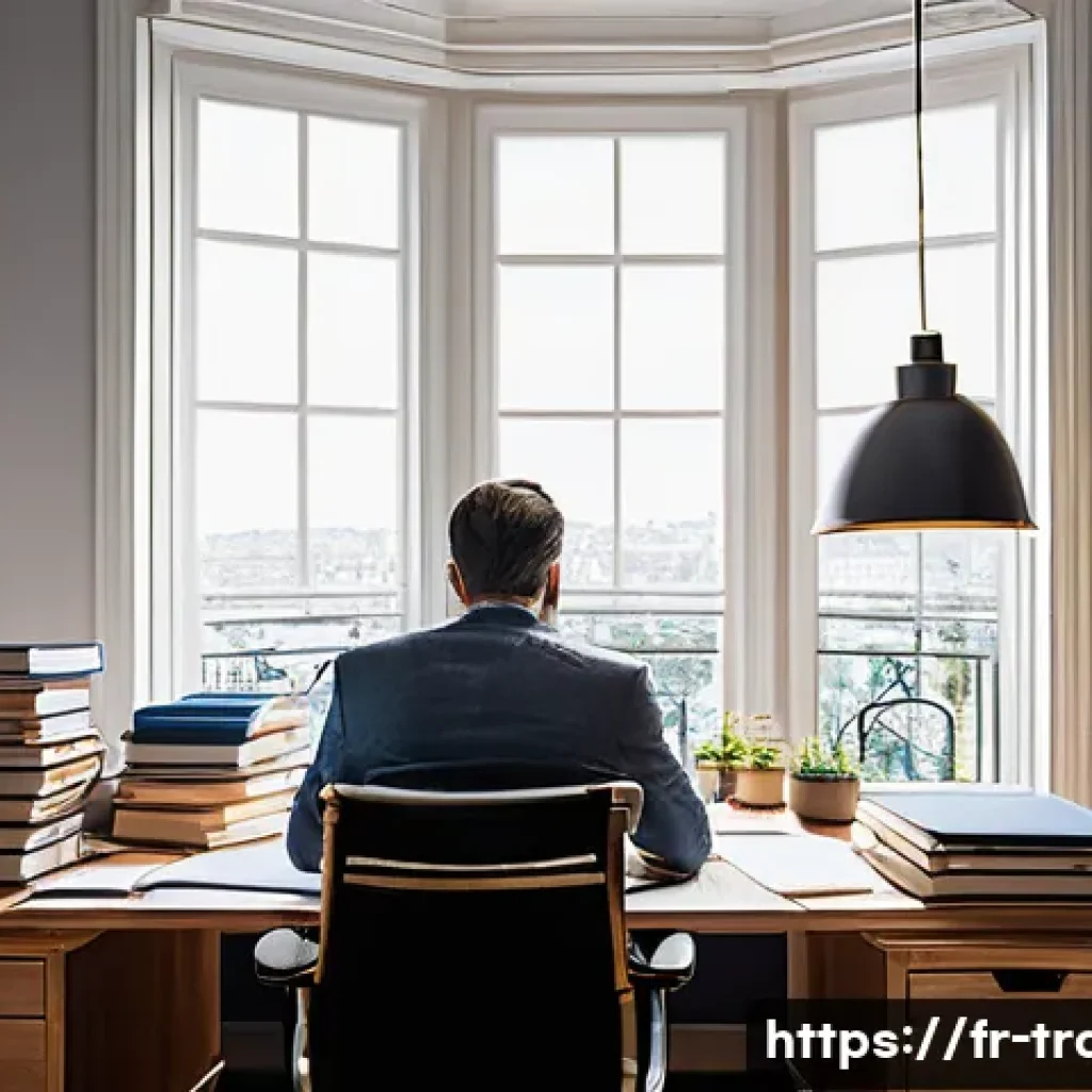 번역가의 경력 관리 전략 - A professional freelance translator working in a modern home office environment, surrounded by multi...