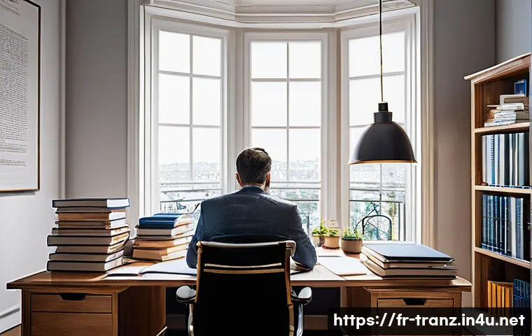 번역가의 경력 관리 전략 - A professional freelance translator working in a modern home office environment, surrounded by multi...