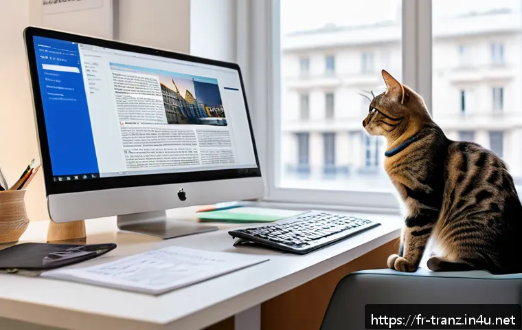 번역 품질 평가 기준과 방법 - A professional translator sitting at a modern desk in a bright office, surrounded by dual monitors d...