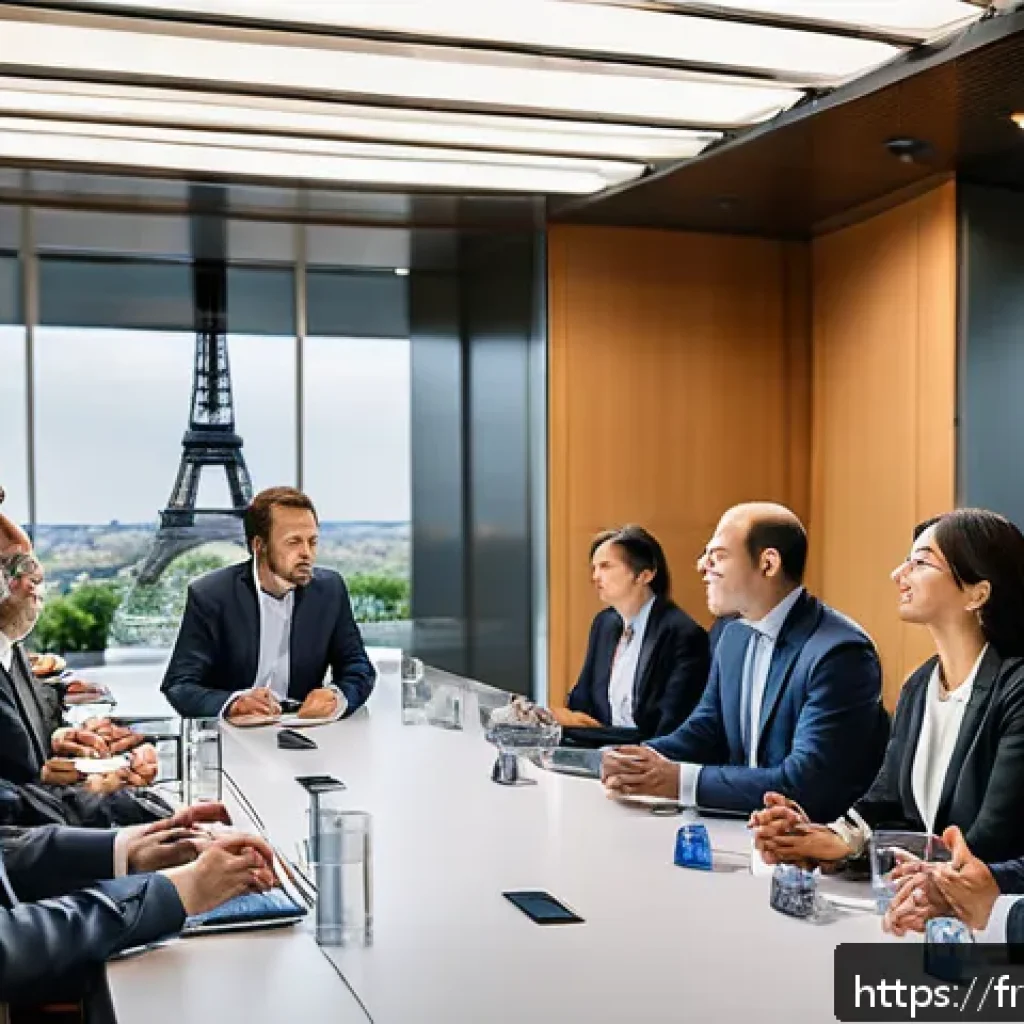 번역과 통역의 차이 - A professional multilingual business meeting scene set in a modern Parisian conference room, featuri...