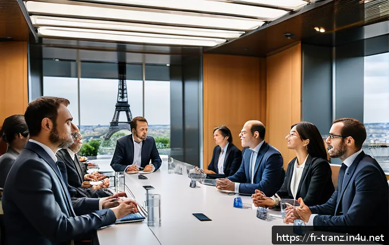 번역과 통역의 차이 - A professional multilingual business meeting scene set in a modern Parisian conference room, featuri...