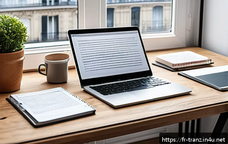 번역사 채용 공고 분석 - A professional translator&rsquo;s workspace in a modern home office in Paris, featuring a sleek laptop wit...