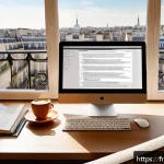 번역사 자격증 시험 준비 전략 - A professional translator&rsquo;s cozy home office setting in Paris, featuring a modern desk with dual mon...