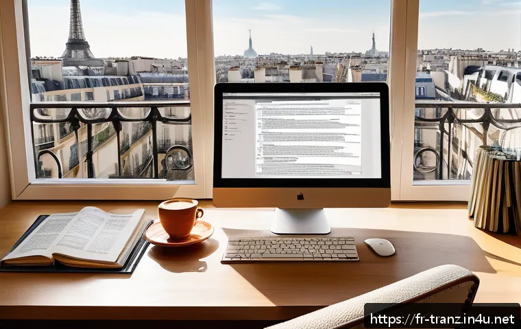 번역사 자격증 시험 준비 전략 - A professional translator&rsquo;s cozy home office setting in Paris, featuring a modern desk with dual mon...