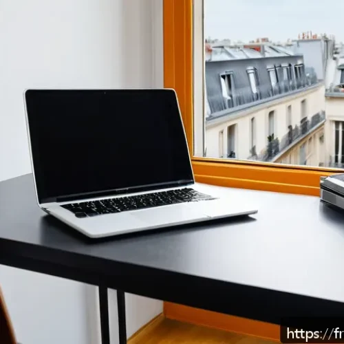 번역사 초기 투자 비용과 ROI - A professional freelance translator&rsquo;s modern home office setup in Paris, featuring a sleek laptop wi...