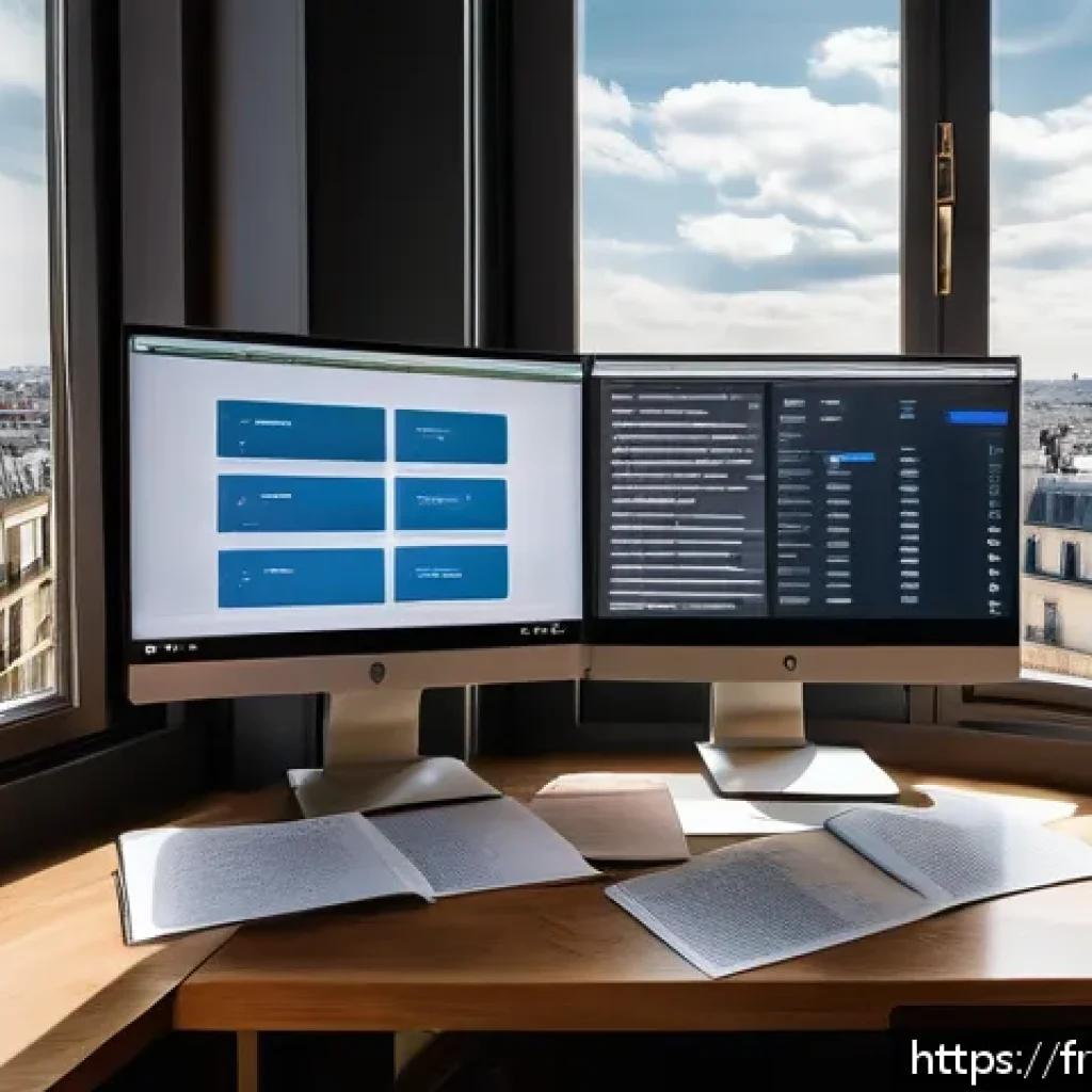 번역사의 하루 일과 - A professional translator’s modern workspace featuring a dual-monitor setup displaying translation s...