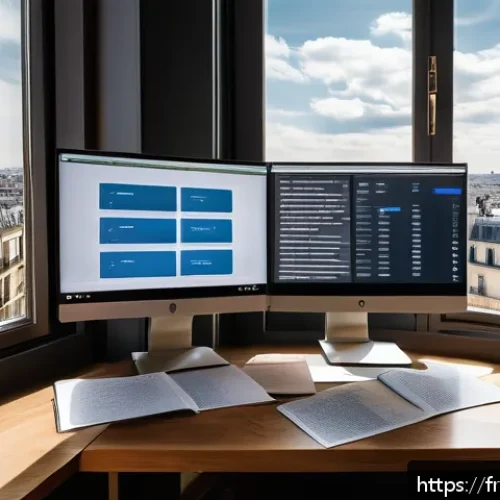 번역사의 하루 일과 - A professional translator&rsquo;s modern workspace featuring a dual-monitor setup displaying translation s...