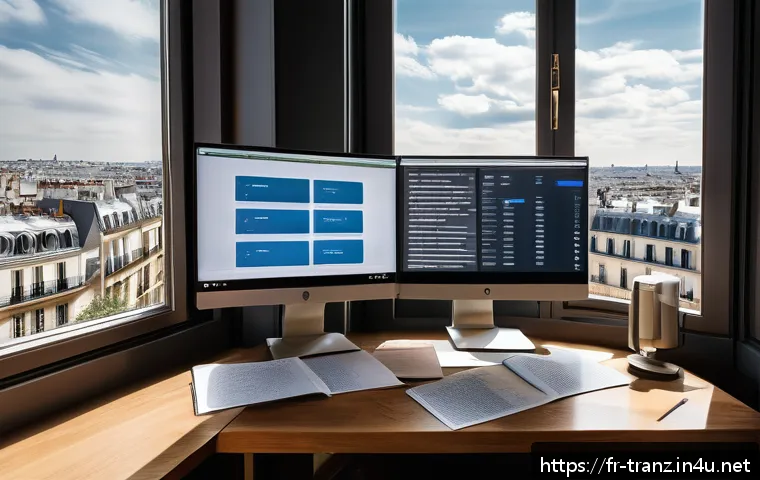 번역사의 하루 일과 - A professional translator’s modern workspace featuring a dual-monitor setup displaying translation s...