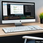 번역사와 관련된 최신 도구와 기술 - A modern professional translator at a sleek, well-organized workspace, surrounded by multiple high-r...