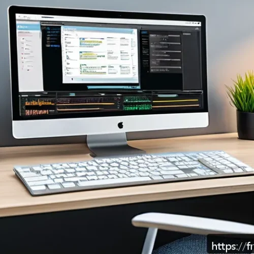 번역사와 관련된 최신 도구와 기술 - A modern professional translator at a sleek, well-organized workspace, surrounded by multiple high-r...