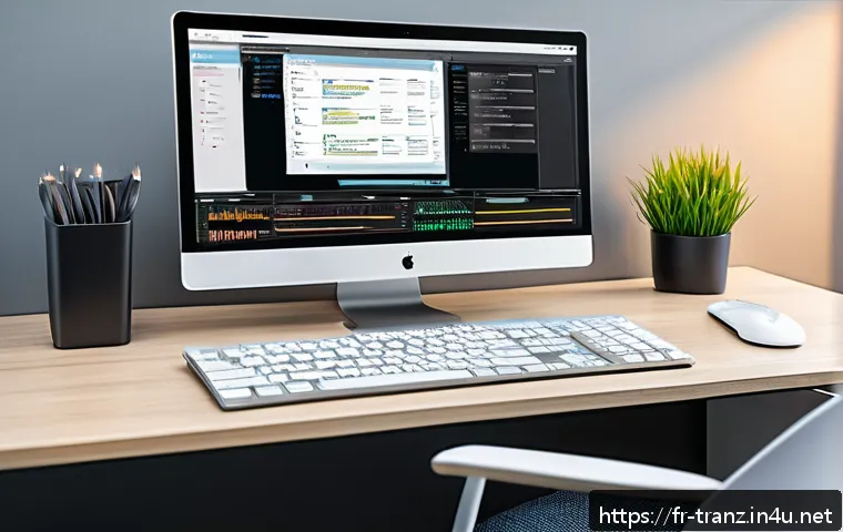 번역사와 관련된 최신 도구와 기술 - A modern professional translator at a sleek, well-organized workspace, surrounded by multiple high-r...