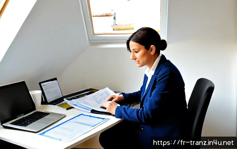 번역사들의 수익 향상 방법 사례 - Photorealistic French freelance translator working at a bright home office in Lyon, mature professio...